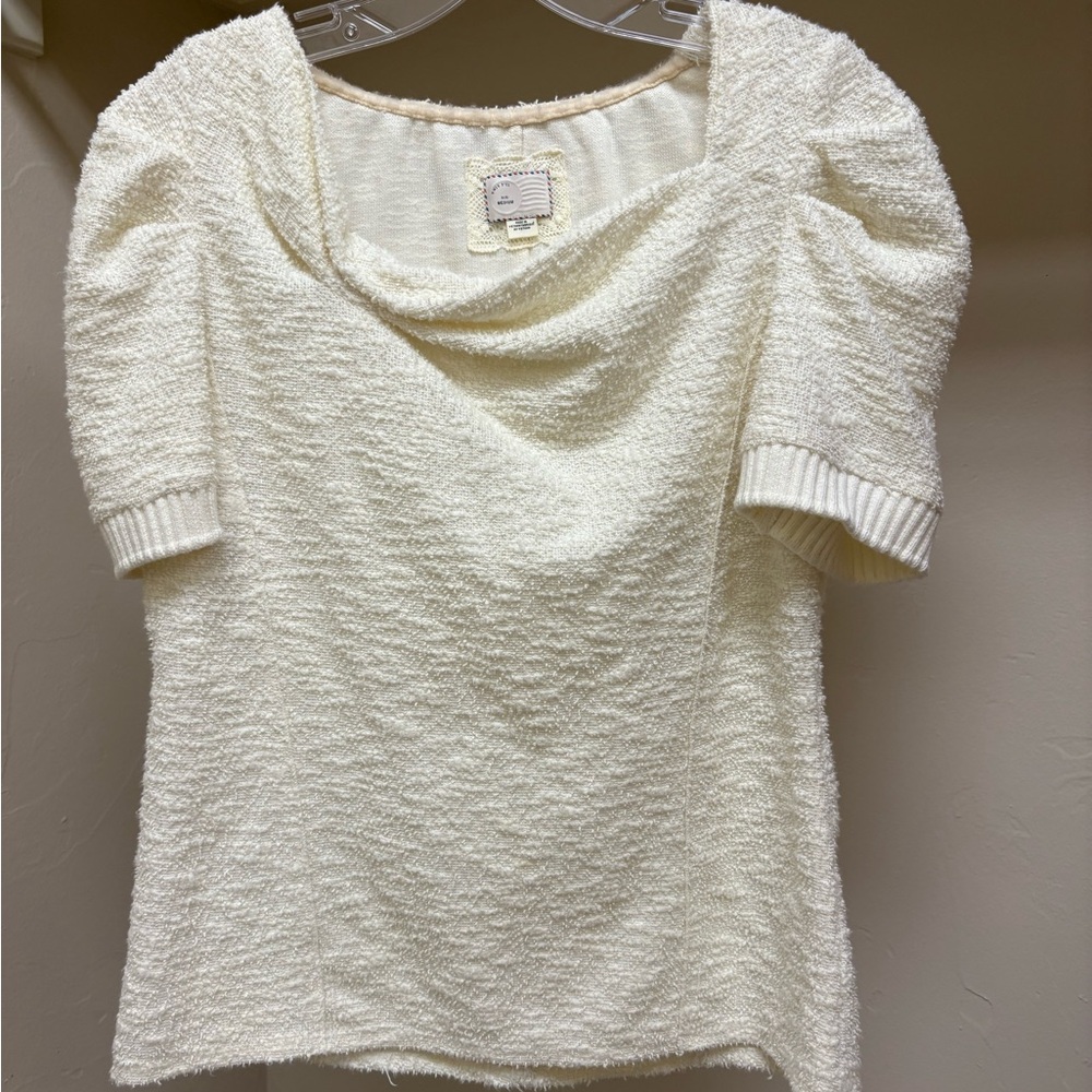Anthropologie Cream Asymmetrical Textured Short-Sleeve Sweater